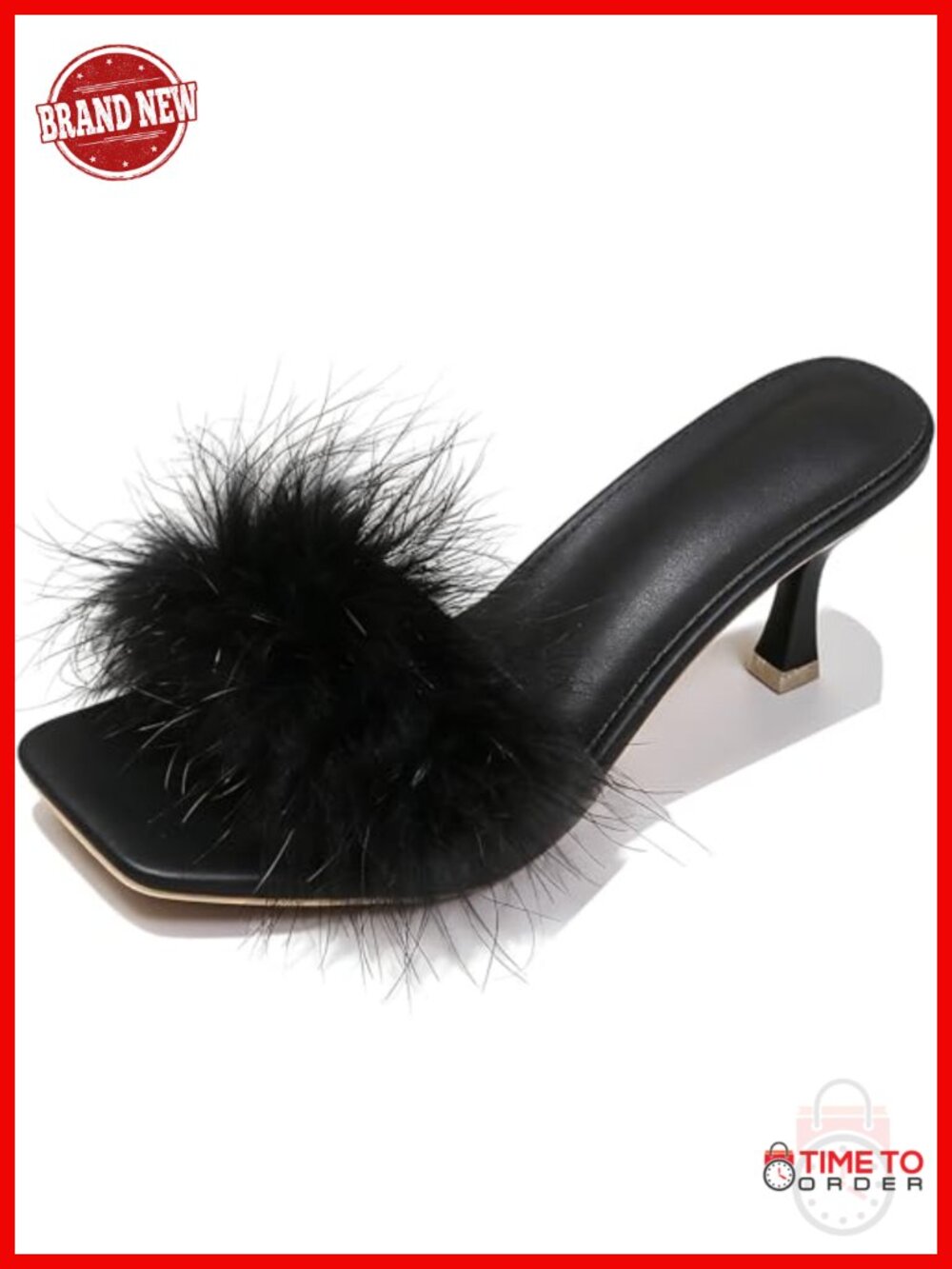 Feather Kitten Heel Sandals Faux Leather Open Toe Slip On Stiletto Slides